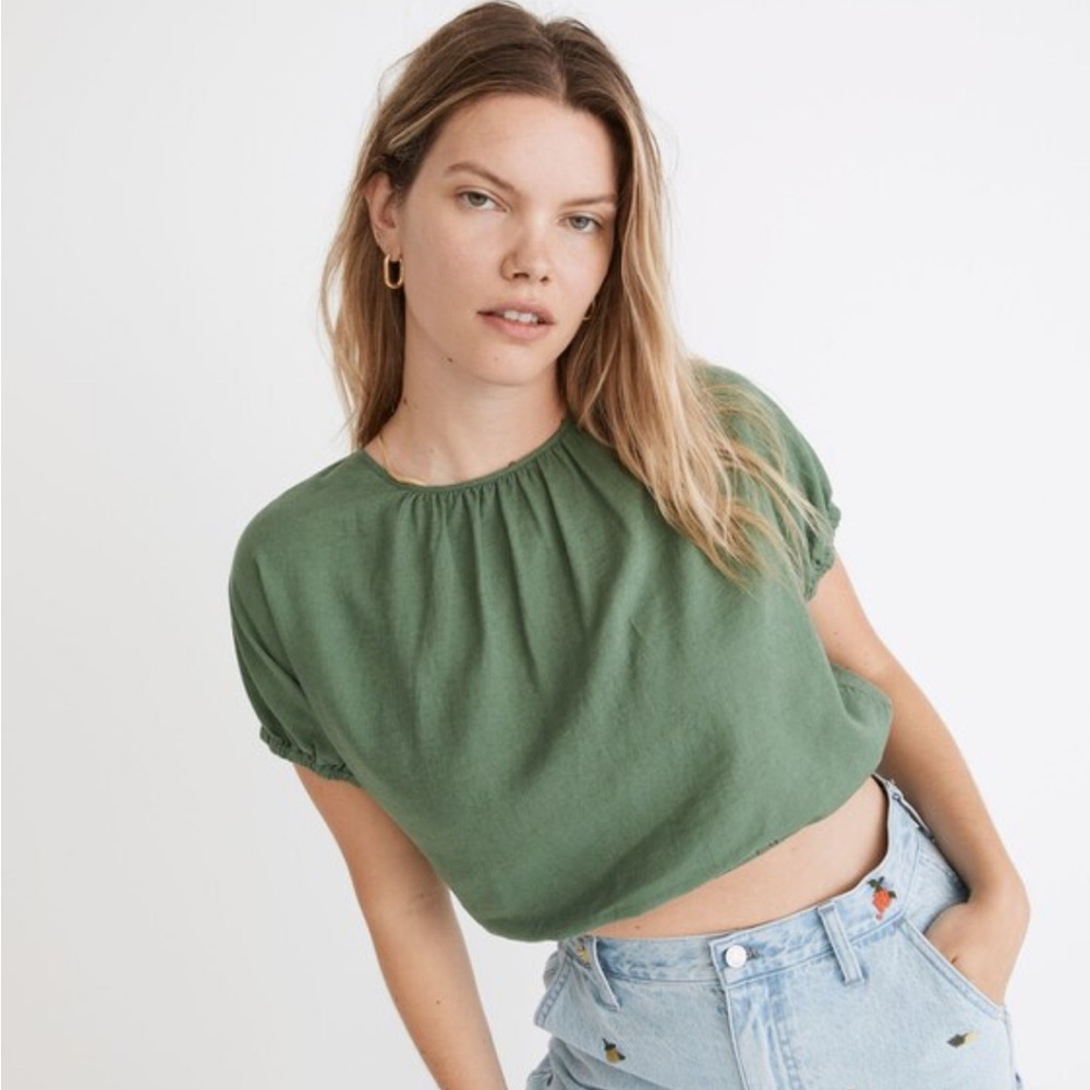 Madewell Linen-Blend Michele Bubble Top Waist Length Fern Green Sz S‎